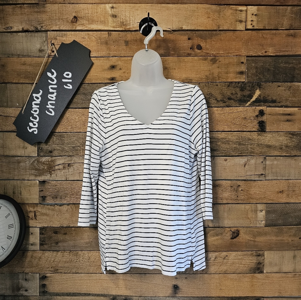 J. Jill Women's Pima Cotton White and Black Striped 3/4 Sleeve Tee Size M